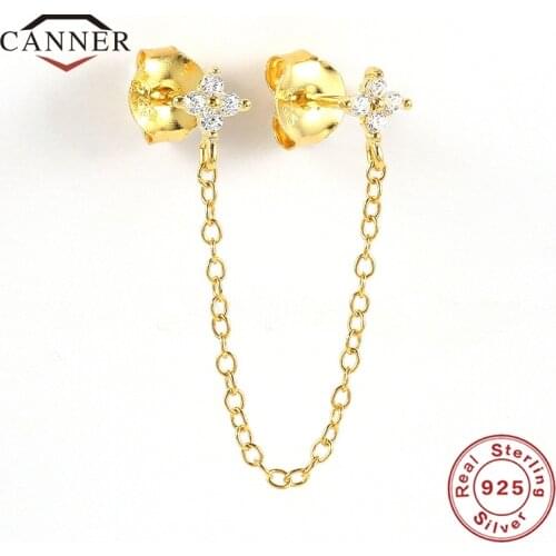 CANNER 100% 925 Sterling Silver AAAAA Zircon Crystal Flower Chain Female Double Pierced Earrings for Women Jewelry Pendients