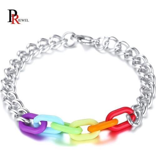 Rainbow Color Chain Bracelets for Women Man Stainless Steel Link Wrist pulseira 8.07 inch