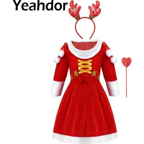 Kids Dresses for Grils Christmas Costume Xmas Outfits Set Santa Claus Clothes Little Girl Dress with Magic Wand and Headband