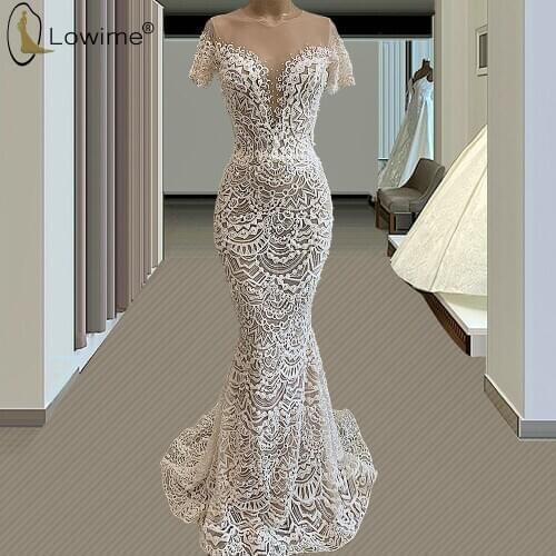 Elegant Short Sleeve Mermaid Lace Wedding Dresses Illusion O Neck Sweep Train Bridal Gowns Custom Made abiti da sposa