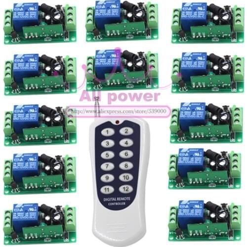 Hot Sale DC 12V 1CH RF Wireless Remote Control Switch System 1pcs remote control with 12pcs receiver 315/433mhz