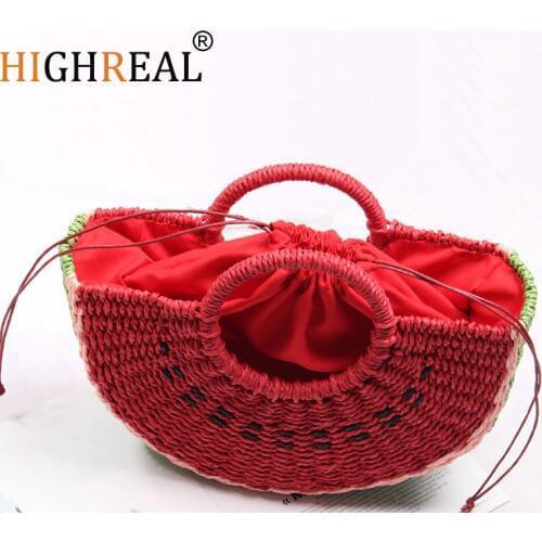 HIGHREAL New Handmade Bag Women Pompon Beach Weaving Ladies Paper Straw Bag Wrapped Beach Bag Moon Shaped Bag Red Dropship