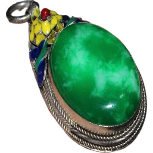 China Old Tibetan Silver Cloisonne Inlaid Jade Pendant