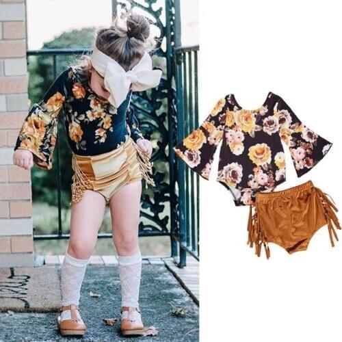 0-24M Newborn Baby Girl Outfit Sets Flare Sleeve Pullover Top + Khaki Tassel Pants For Spring Autumn