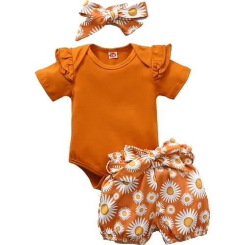 New 4 Pieces Kids Suit Set, Solid Color Round Collar Short Sleeve Romper+ Floral Print Shorts+ Waistband+ Headband for Summer