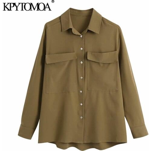 KPYTOMOA Women 2021 Fashion With Pockets Oversized Asymmetry Blouses Vintage Long Sleeve Button-up Female Shirts Chic Tops