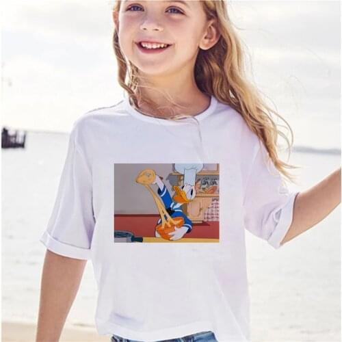Summer Girls T-Shirt Disney Donald Duck Cartoon White Tee Loose Cotton Happy Baby Short Sleeve Kids Kawaii Streetwear Casual