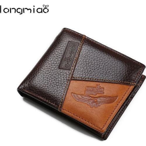 Longmiao Men Genuine Leather Wallet Brand Patchwork Designer Cowhide Credit Card Holder with Coin Pocket Purse Portfolio Cartera