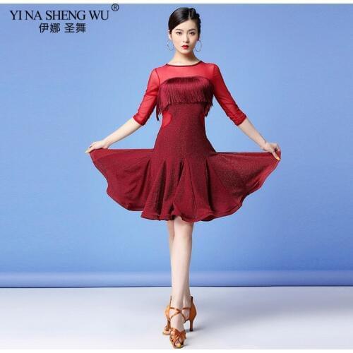 New Women Ballroom Dance Clothes Salsa Samba Performance Wear Front Fringes Half Sleeves Spandex Mesh One-piece Latin Dresses