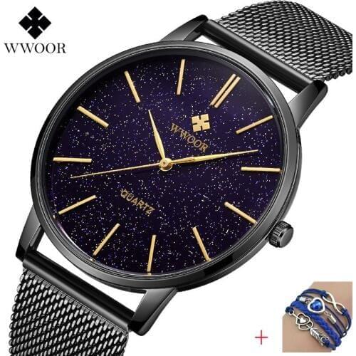 2019 New Mens Mesh Belt Watch WWOOR Mens Ultra-thin Waterproof Business Quartz Wristwatches Watches for Men Relogio Masculino
