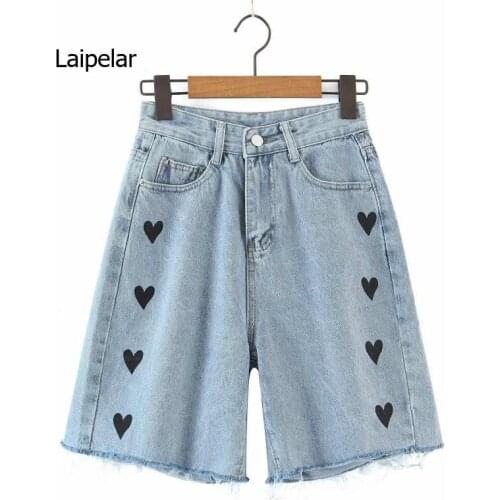 2021 New Love Pattern Print Denim Womens New High Waist Half Length Jeans Shorts Hot Summer Girl Street Wear