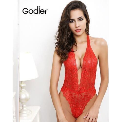 Godier New Sexy Woman Lingerie See Through Lace Up Bustier Corsets Breathable Fabric Neck-Hanging Dress Bra03