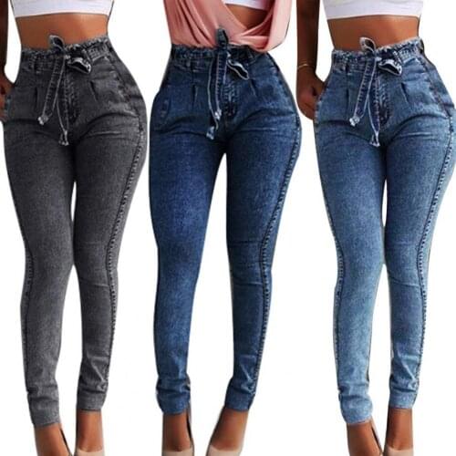 New Fahsion Women Jeans High Elasticity Multi Pockets Oversize High Waist Jeans Slims Fit All-match Tassel Bandage Denim Pants