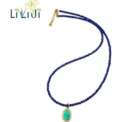 Lii Ji Natural Tiny Lapis Lazuli,Lab-created Opal zircon Pendant Shining Necklace 40cm for Women Jewelry