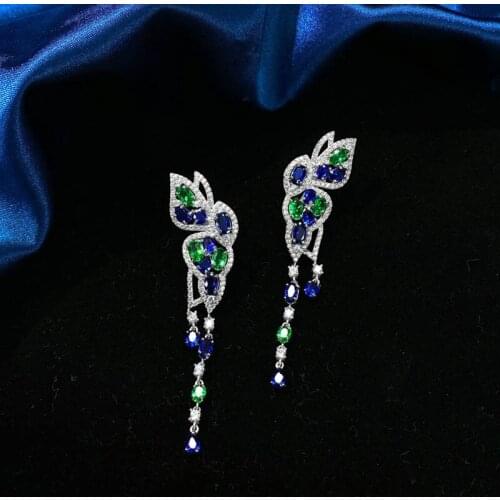 Full diamond earrings, blue green zircon inlaid with symmetrical butterfly, light luxury long S925 Sterling Silver Earrings