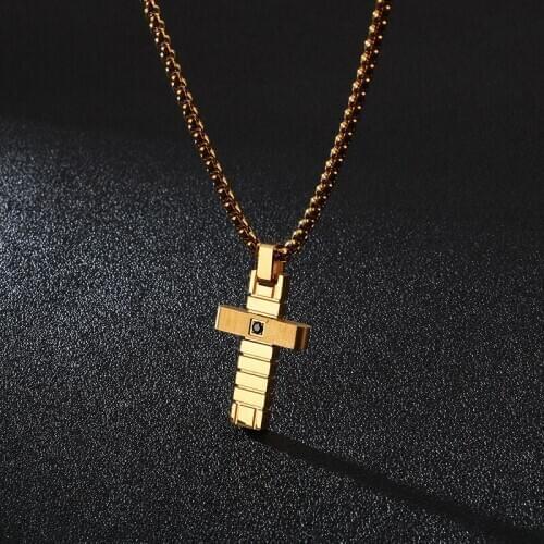 Simple and creative 316L stainless steel inlaid stone pendant mini fashion cross mens necklace accessories