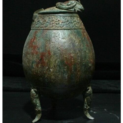 Old Chinese Antique Bronze Ware Dynasty Sheep Goat Head Zun Pot Jar Statue free shipping