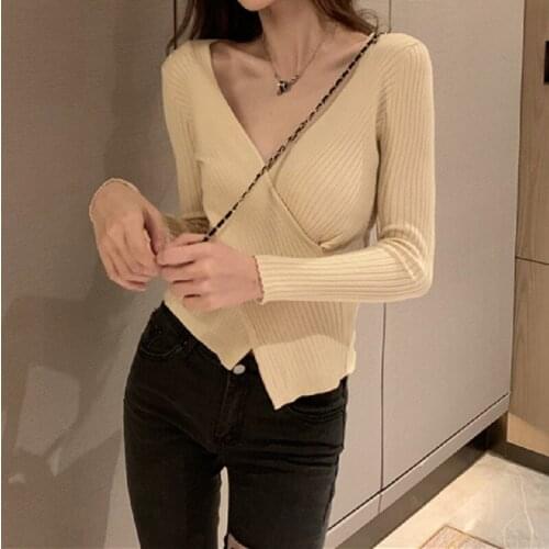 V-neck Sweater Womens Autumn Winter New Slim Sexy Cross Wear Long Sleeve Sweater Top