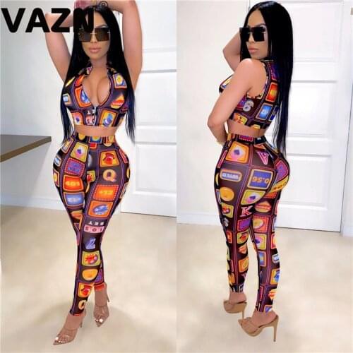 VAZN Street Sexy Shinny Womens Clothing Summer Sleeveless Outfit Matching Sets Zippers V-neck Bandgae Sleeveless Wear