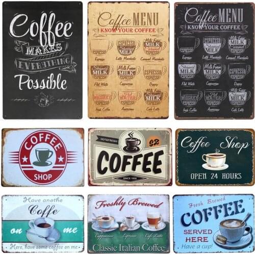 Coffee menu vintage cafe tin sign retro metal plate painting classical iron picture wall decoration for coffee shop