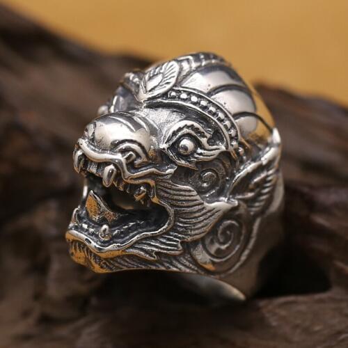 Vintage 925 Silver Pixiu Ring Real Sterling Silver Fengshui Jewelry Good Luck Ring Thai Silver Pixiu Luck Ring