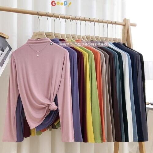 Autumn 2020 Cotton T-shirt Women Casual Turtleneck Long Sleeve Slim Stretchy Tops Candy Colors High Street Basic Tops Plus Size