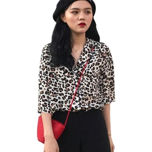 Womens Leopard Printing Single Breasted Shirt Summer Loose Casual Short Sleeve Chiffon Tops 2021