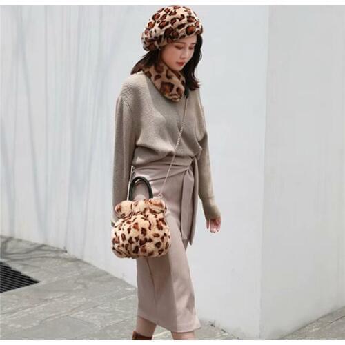 IANLAN Womens Real Full-pelt Rex Rabbit Fur Shoulder Bags Leopard Pattern Bucket Bags Lady Soft Fur Handbags IL00538