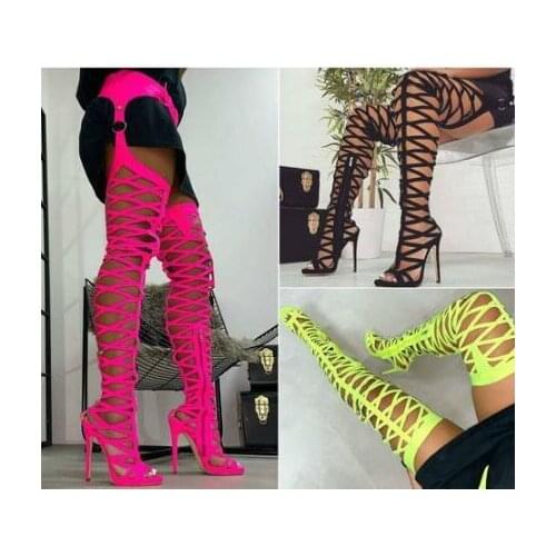 Pink Orange Yellow Black Python Cuts Out Gladiator Over The Knee Belt Waist Boots Woman 12 cm Heels Laser Thigh Sandals Boots