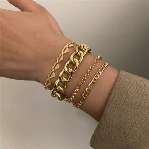 4Pcs/Set Gold Color Chain Bracelet for Women 2021 Bohemian Vintage Heart Hollow Charm Bracelets Bangles Fashion Jewelry Gifts