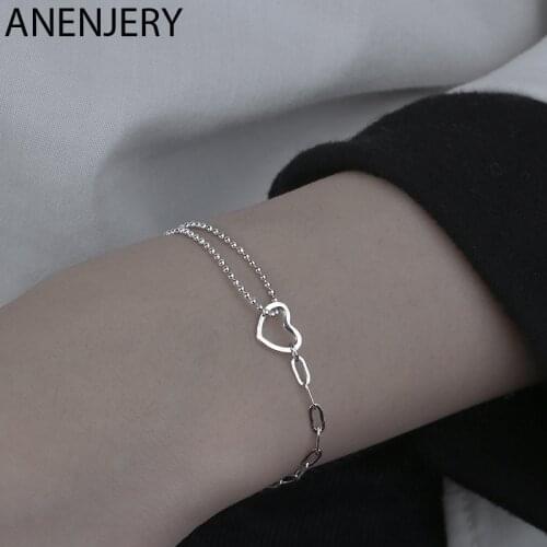 ANENJERY 925 Sterling Silver Double-Layer Hollow Heart Bracelet For Women Sweet Chain Student Personality Bracelet