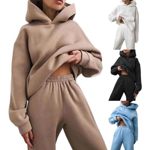 Women Sport Sets Tracksuit Long Sleeve Sweatshirt Warm Women Solid Color Hoodie Pants Outfit for Autumn