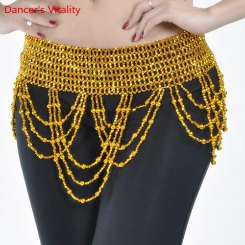 2019 women dancing hip scarf belly clothes brush with elastic wrapped belt with gold / silver Girls Dance Hip Scarf