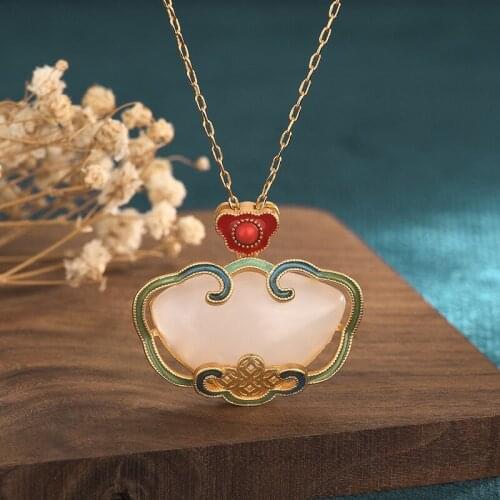 White Jade Ruyi Pendant Women Necklace Natural Chalcedony Gemstone Agate Zircon Necklace Gifts Crystal Chalcedony Charm Jewelry