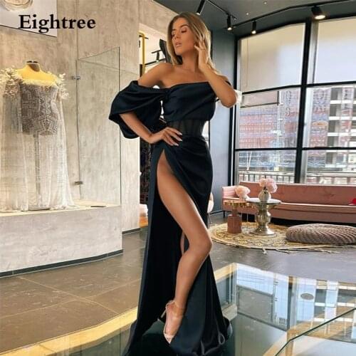 Eightree Black One Shoulder Long Formal Prom Dresses High Slit Boat Neck Floor Length Evening Prom Dress Vestidos de soiree