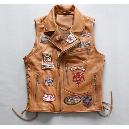 2020 New Men Rock Cow Leatehr Vest Jacket Punk Multi Labeling Cowhide Motorcycle Vests M-4XL