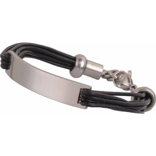 316L Silver Tone Men Blank Tags Stainless Steel Bracelet Leather Chain