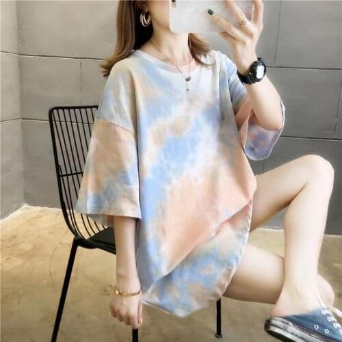 Womens Tie Dye T Shirt Summer Short Sleeve Female T-shirts Casual Tee Tops O-neck Loose Ladies Girls Tshirt Harajuku Women Tops