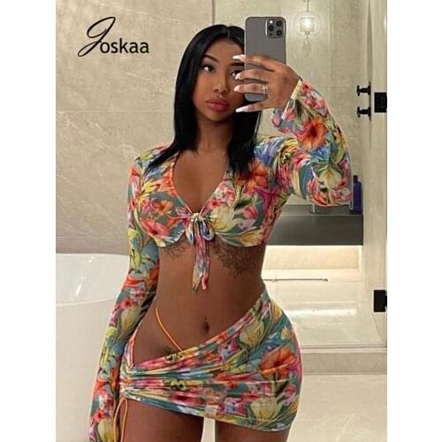 Joskaa Floral Print Mesh Long Flare Sleeve Top And Skirt Two Pieces Set Matching Holiday Birthday 2021 Outfits Party Clubwear