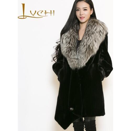 LVCHI 2019 Swan Velvet Genuine Fur Womens Fox Fur-Neck Patckwok Real Fur Coats Full Pelt Long Sleeve Fur Women Coat Mink Coat