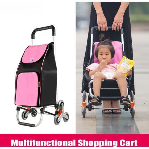 Multifunctional Shopping Cart, Aluminium Alloy Frame Stair Climber Trolley Dolly, Pink Foldable Grocery Wagon