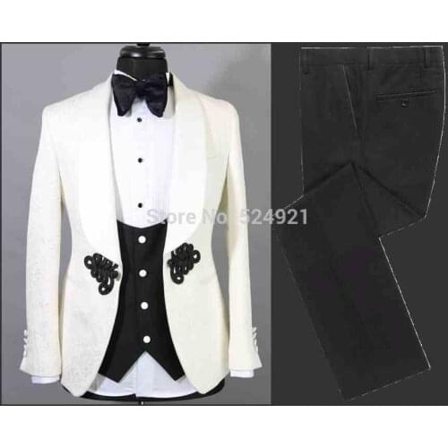 Men Suits Ivory Pattern and Black Groom Tuxedos Shawl Satin Lapel Groomsmen Wedding Best Man ( Jacket+Pants+Vest+Tie ) C718