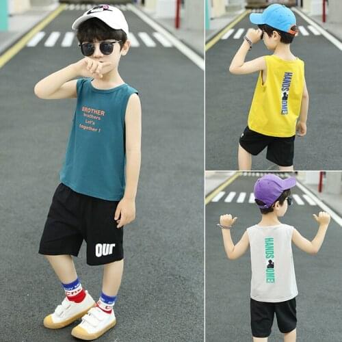Clothes Child Boy Summer Letter Print Sleeveless Clothing Sets Kids Cotton O-Neck Cool Vest&Black Shorts Outfits Casual Boy Sets