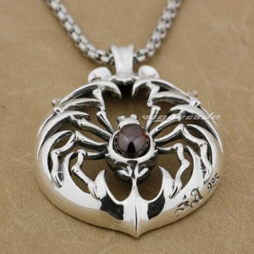 Huge Heavey Red CZ Stone Spider 925 Sterling Silver Mens Biker Rock Punk Pendant 9H010
