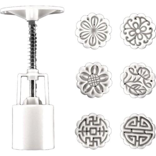 25g Mooncake Barrel Mold with 6pcs Flower Stamps Hand Press Moon Cake Pastry Mould DIY Bakeware