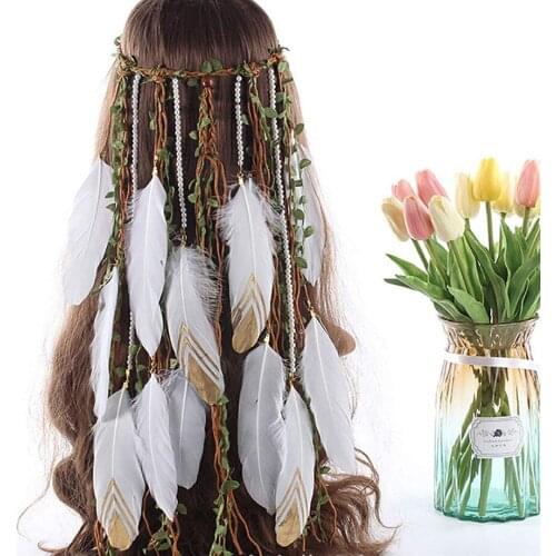 Bohemian Tassels Hairband Headwear Artificial Green Leaves Headband Hair Bands Headdress Hippie Feather Headband Hair Hoop