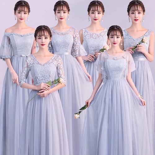 Sexy Plus Size Women Elegant Dusty Blue Gray Pink Pale Mauve Lace Guest Wedding Party Junior Long Bridesmaid Dresses Vestidos 79