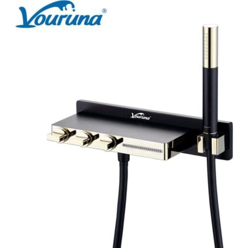 VOURUNA Luxurious Golden&Black Wall Mounted Bathtub Faucet White Waterfall Bath Shower Mixer Taps