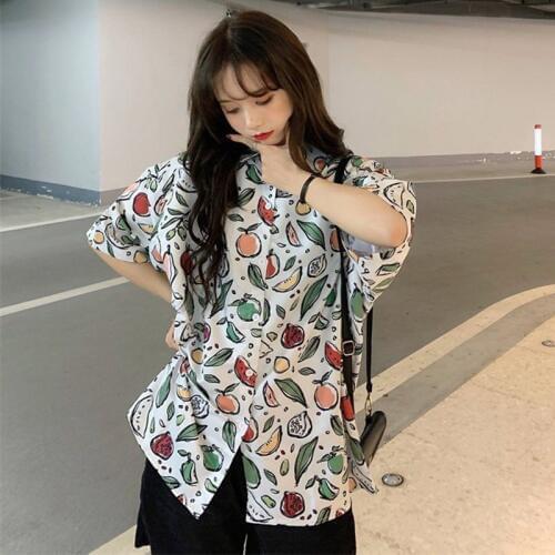 Women Loose Hip-hop Streetwear Shirt Vintage Hawaii Print Button Down Harajuku Ladies Shirts Summer New