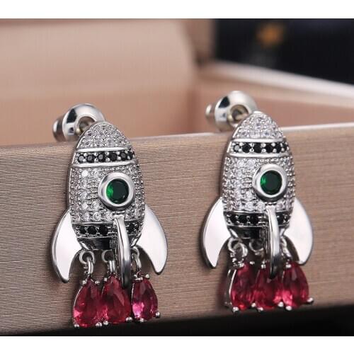 Huitan Cute Rocket Women Earring Full Paved CZ Stones with Red Pear Shape Pendent Stylish Female Accessories Lovely Gift Earring